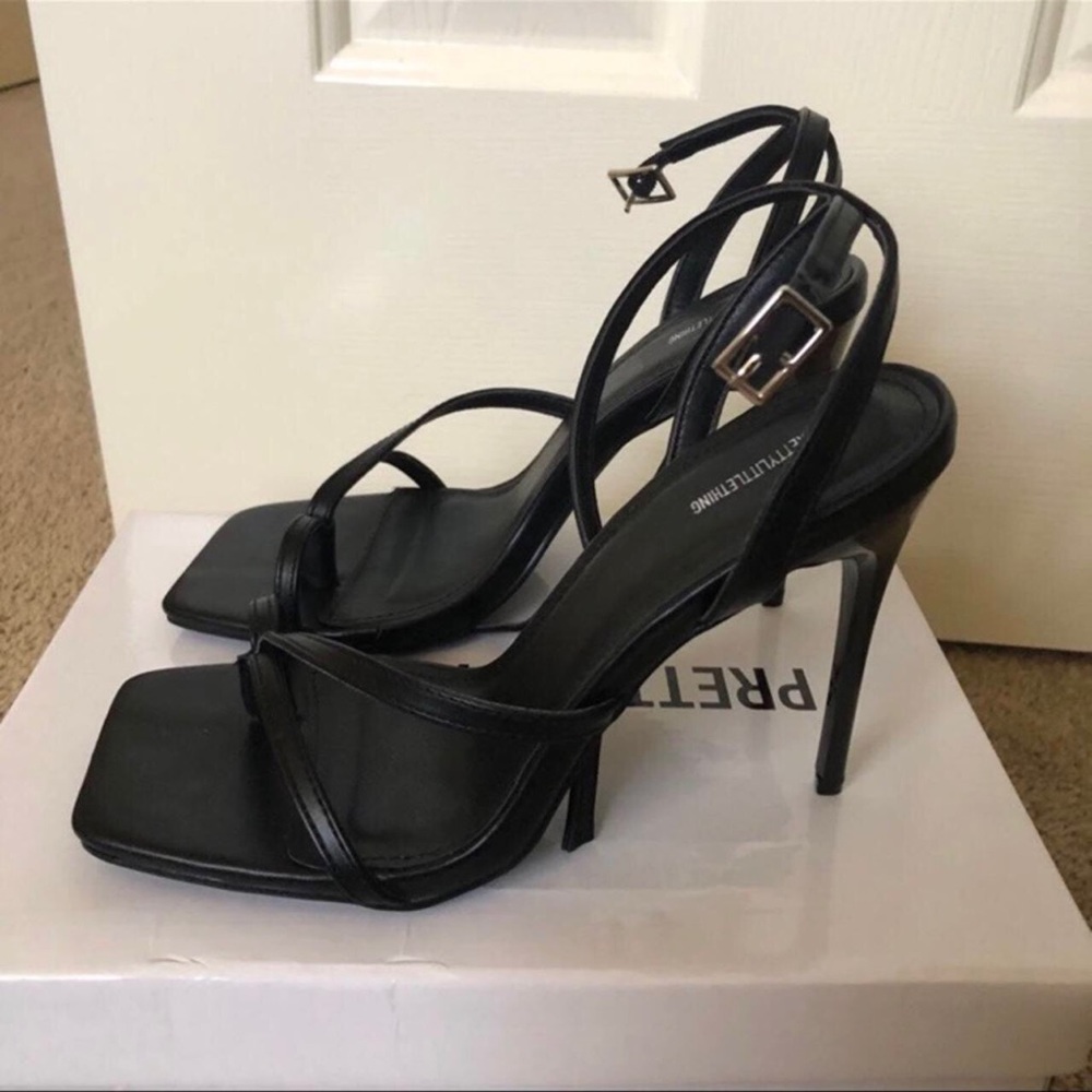 black strappy square toe stiletto heels